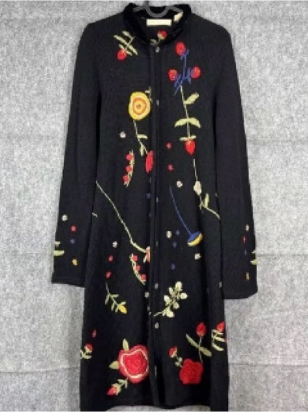 Anthropologie Black Floral Embroidered Long Cardigan